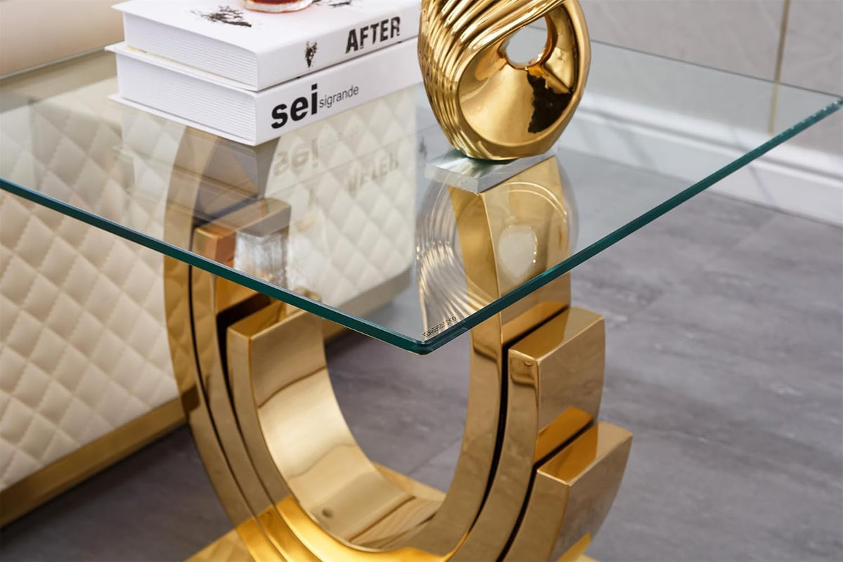 Gold Glass End Table, Modern 22.8" Square Sofa Side Table for Living Room, Tempered Glass End Bedside Table Nightstand with Ring-Shape Stainless Steel Base for Bedroom Home Office