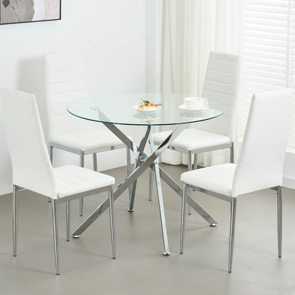 Modern Dining Table for 4 People, 36" Round Dining Table with Silver Chrome Metal X-Base, Circle Tempered Glass Dining Room Table, Small Kitchen Dining Room Tables Dinner Tables