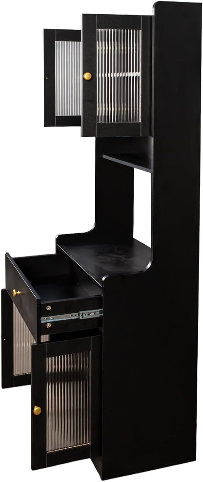 Black Tall Kitchen Pantry Storage Cabinet, Farmhouse Kitchen Hutch Buffet Cabinet with Microwave Stand & Drawer, Freestanding Coffee Bar Cupboard for Dining Room (Black)
