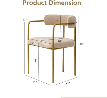 Boucle Dining Chairs Set of 4 with Arms, Mid Century Modern Upholstered Dining Chairs for Kitchen & Dining Room, Curved Backrest, Gold Metal Frame (Taupe/Sand)