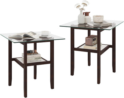 Giantex Glass End Table Set of 2, 24" Square Side Tables with Storage Shelf & Rubber Wood Frame, Small Coffee Table for Living Room, Mid Century Modern Nightstands for Bedroom