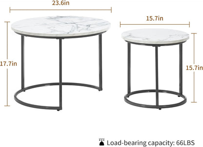 Round Nesting Coffee Table Set of 2, Modern Marble Pattern Wooden Nesting Tables, Stacking Minimalist End Table for Living Room Bedroom Small Space, White and Black