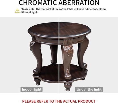 Vintage Small Round End Table 22" Wood Side Table, Antique Table Legs with Elegant Carvings, Easy Assembly,Espresso