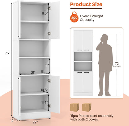Kitchen Pantry Cabinet, Dining Room Cupboard with 4 Doors & 2 Open Countertop, 4 Anti-Tipping Devices, 75” Tall Bathroom Storage Cabinets (White)