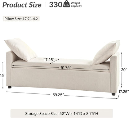 HULALA HOME 59" Storage Bench with 2 Throw Pillows, Modern Long Bedroom Bench for End of Bed, Comfy Upholstered Footstool for Entryway Living Room, Linen