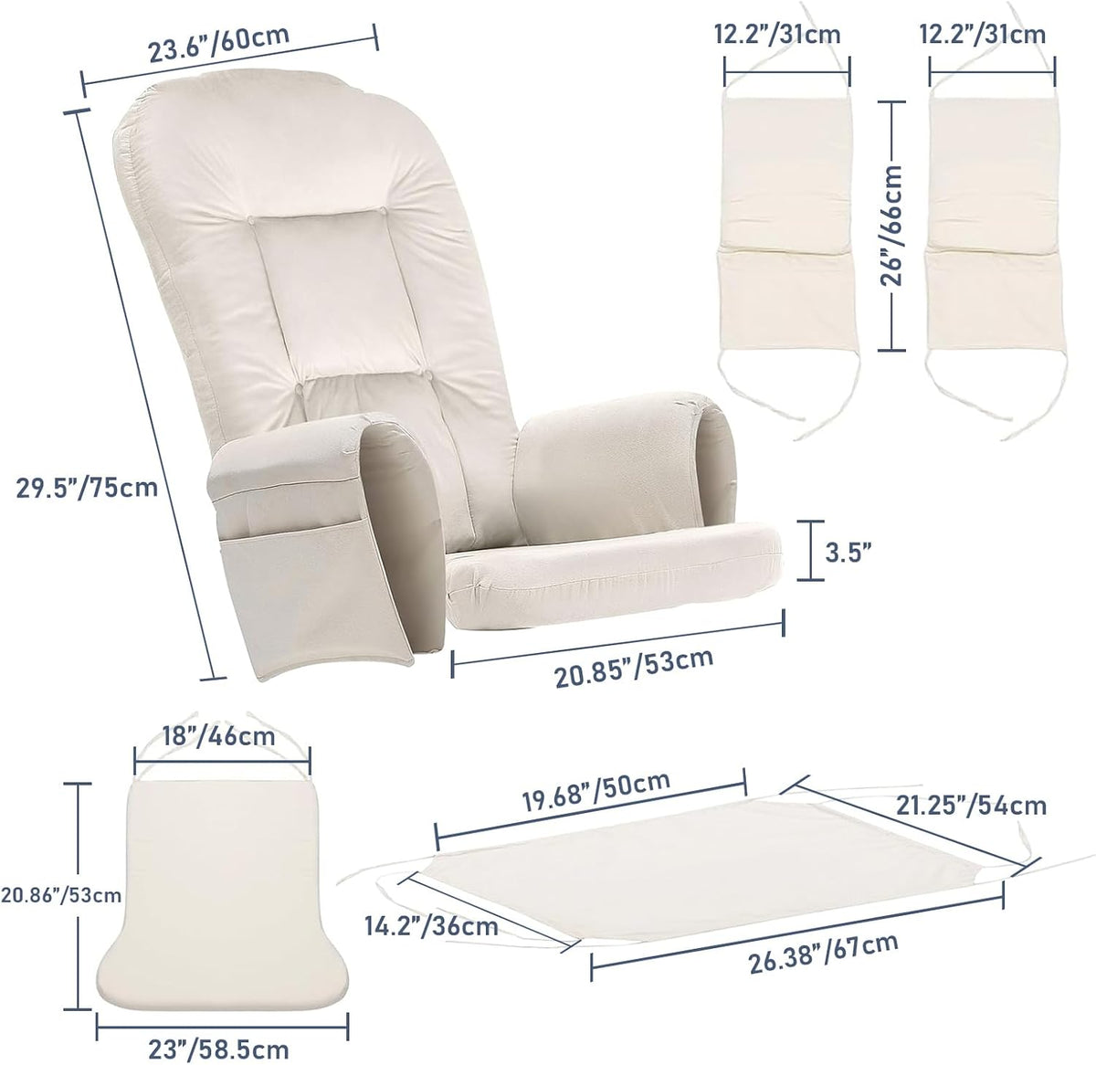 5 PCS Glider Rocker Cushions Set with Ottoman Cover & Storage Pocket - Thickened, Non-Slip & Washable Replacement Cushions for Glider Rockers, Comfortable Supportive Seating