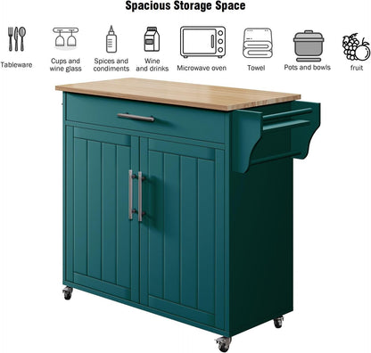 Kitchen Storage Island, Wooden Rolling Island On Wheels with Wood Top, Mobile Kitchen Island Cart with Towel Rack, Spice Rack and Drawers, Green