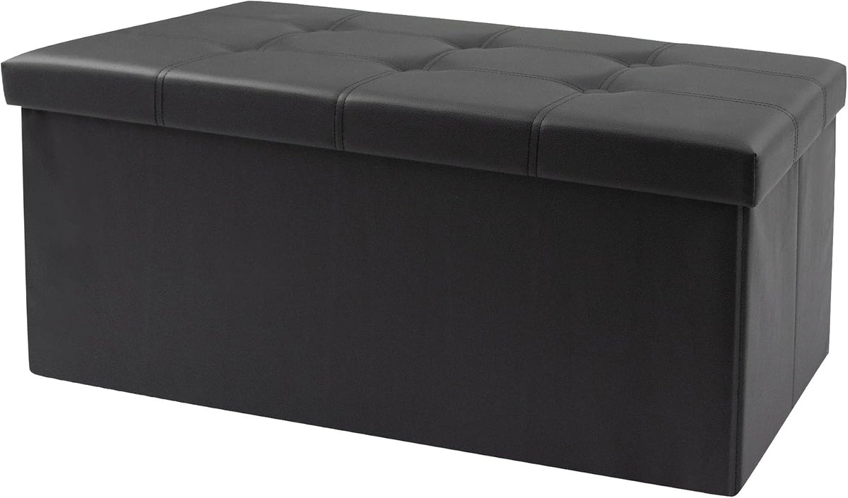 30 Inches Folding Storage Ottoman Bench, Faux Leather Footstool Ottoman, Storage Trunk Footrest for Bedroom, Living Room and Hallway, Support 350lbs, Black（Black line）