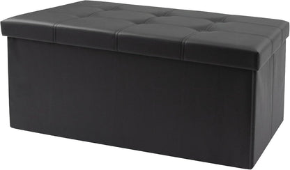 30 Inches Folding Storage Ottoman Bench, Faux Leather Footstool Ottoman, Storage Trunk Footrest for Bedroom, Living Room and Hallway, Support 350lbs, Black（Black line）