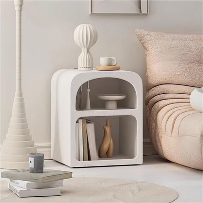 Modern Side Table, Creative Decorative Side Table, Nightstand with 2 Layers of Open Storage, Half-Moon Bedside Table for Bedroom, Office, Living Room, Apartment(Small)