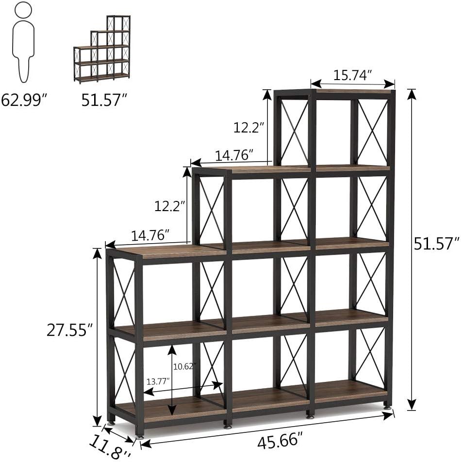 Tribesigns 12 Shelves Bookshelf, Industrial Ladder Corner Bookshelf 9 Cubes Stepped Etagere Bookcase, Rustic 5-Tier Display Shelf Storage Organizer for Home Office (Rustic Brown)