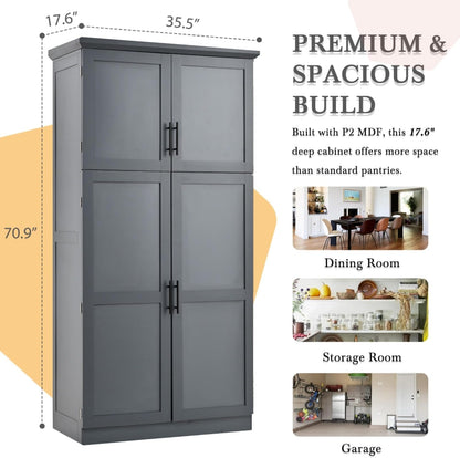 Hassyee 35.5 x 17.6 x 70.9 inch Freestanding Kitchen Pantry Cabinet, Tall Storage Cabinet with 4 Doors, 2 Door Shelves, 8 Pull-Out Trays and Adjustable Shelf for Dining Room (Gray)
