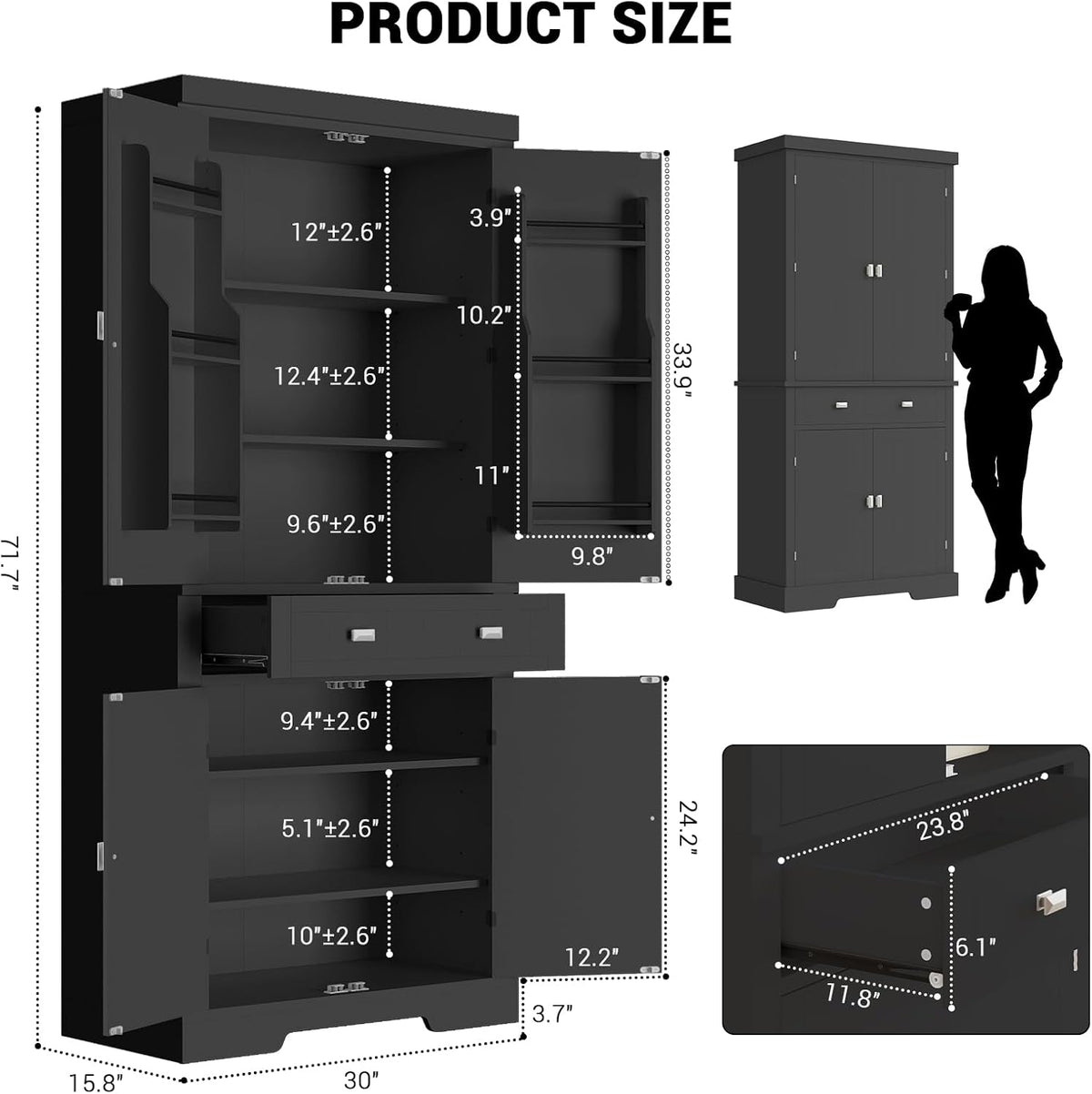 Pantry Cabinet, 72" Kitchen Pantry Storage Cabinet, Modern Kitchen Cupboard with Large Drawer, 2 Cabinets, 4 Adjustable Shelves, Freestanding Hutch Food Pantry for Dining Room Living Room, Black