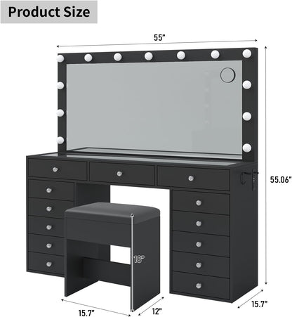 FUSOU Makeup Vanity with Power Outlet & Lighted Mirror, 13 Drawers Vanity Desk, 3 Lighting Modes Adjustable, Glass Top, Dressing Table with Chair for Bedroom (Black)