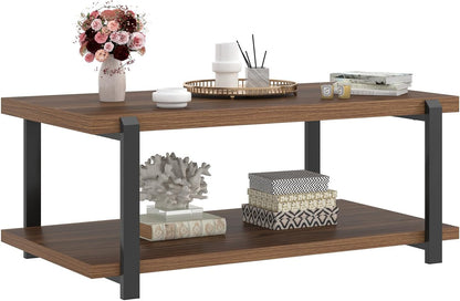 FOLUBAN Modern Coffee Table with Storage Shelf, Rustic Wood Center Table for Living Room, Walnut