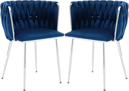 Velvet Dining Chairs Velvet Woven Upholstered Dining Room Chair Modern Armrest Lounge Chair with Metal Legs for Dining Kitchen Vanity Chair for Makeup Room (Navy+Sliver Leg, Set of 2)