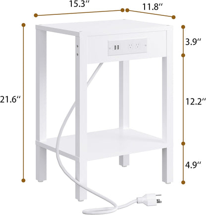MMEOLUOOK End Table with Charging Station, Sofa Side Table Set of 2, 2-Tier Storage Shelf for Small Space, Nightstands for Living Room Bedroom Bedside Tables White MLBZ14WE-2