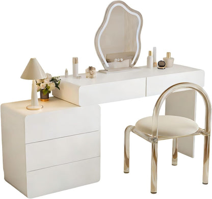 IKuinen White Makeup Vanity with Mirror and Lights, Vanity Set with Free Retractable Side Cabinet, Dresser Table with 5 Solid Wood Drawers, Luxury Dressing Table with Stylish Stool