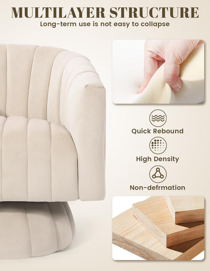 Kromax Swivel Accent Chair, Modern 360 Degree Swivel Barrel Chair, Beige | Mid Century Overstuffed Tufted Velvet Chair with Armrest, Comfy Round Armchair, Ideal for Living Room, Bedroom, Reading Room