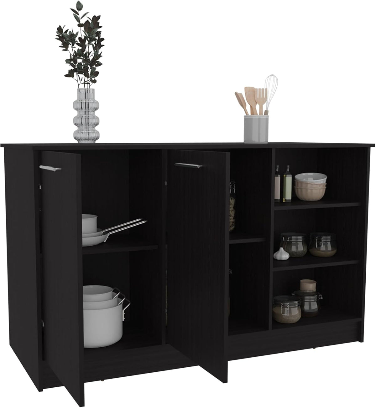 Kitchen Island with Three Open Shelves and Two Cabinets | Spacious 26" x 59" countertop with concealed storage and seating space