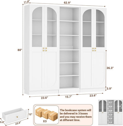 Cyclysio 80" Tall Pantry System with 4 Tempered Glass Doors, Arched Corner Pantries with 6-Tier Open Shelves, Wooden Cupboard Storage Organizer with Baseboard Cutout for Living Room