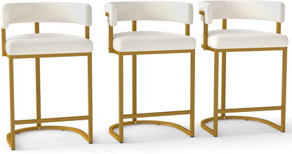 Modern Barrel Bar Stools Set of 3, 24" Velvet Counter Height Stools with Comfy Back and Arms, Sherpa Upholstered Kitchen Island Chair for Home Bar, Ivory
