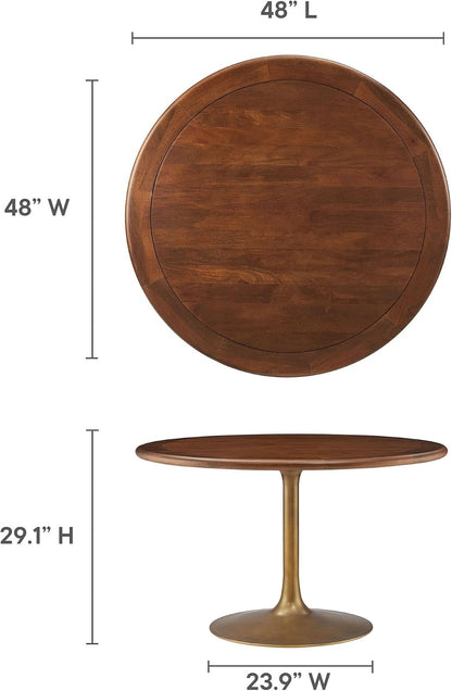 Modway Lippa 48 Inch Round Wood Dining Table with Metal Pedestal in Brass Walnut - Modern Industrial Dining Table for 4 People - Solid Wood Tulip Kitchen Table