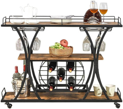 TQVAI Wooden Bar Cart with Wine Rack and Glass Holder, 3-Tier Rolling Bar Serving Cart for Home Bar, Kitchen, Party, Metal Frame, Lockable Wheels, Antique Brown