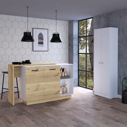 White and Light Oak 4-Door Kitchen Set with Island and Pantry Cabinet | Includes 4-door pantry cabinet with double doors and interior shelves