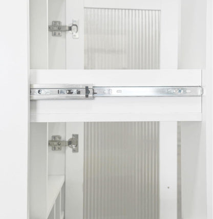 Kitchen Pantry Cabinet with Pull-Out Multi-Tier Storage Shelf, Farmhouse Storage Cabinet with Glass Doors, Tall Pantry Organizer for Kitchen, Dining Room & Living Room White