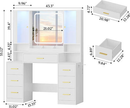 HUANLEGO Makeup Vanity Desk with Mirror and LED Lights for Girls, White