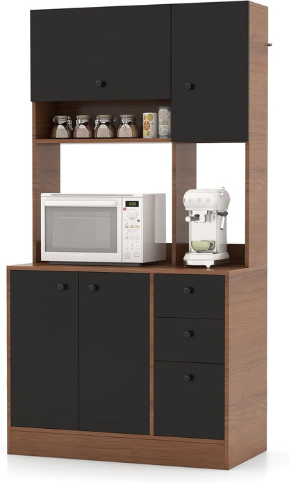 71" Large Kitchen Pantry Cabinet with Microwave Shelf, Wooden Tall Pantry Hutch with 3 Drawers, Adjustable Shelves, Farmhouse Kitchen Hutch Storage Cabinet for Dining Room (Walnut)