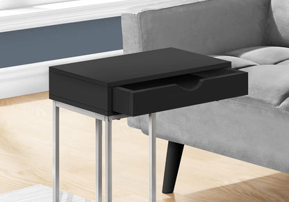 Accent Table, C-Shaped, End, Side, Snack, Storage Drawer, Living Room, Bedroom, Black Laminate, Grey Metal, Contemporary, Modern