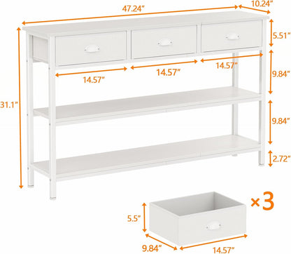 47" console table Set of 2 with 3 Drawers, Sofa Table for Behind Couch | Industrial Hallway Table with Open Wooden Shelves for Hallway, Entry Way, Living Room, Kitchen, Foyer, White