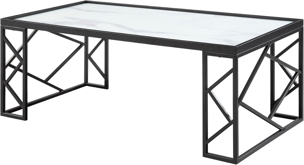 3pc Tables Set with Tempered Glass Top and Black Metal Frame | Includes 3-piece set with white marble-print tempered glass tops
