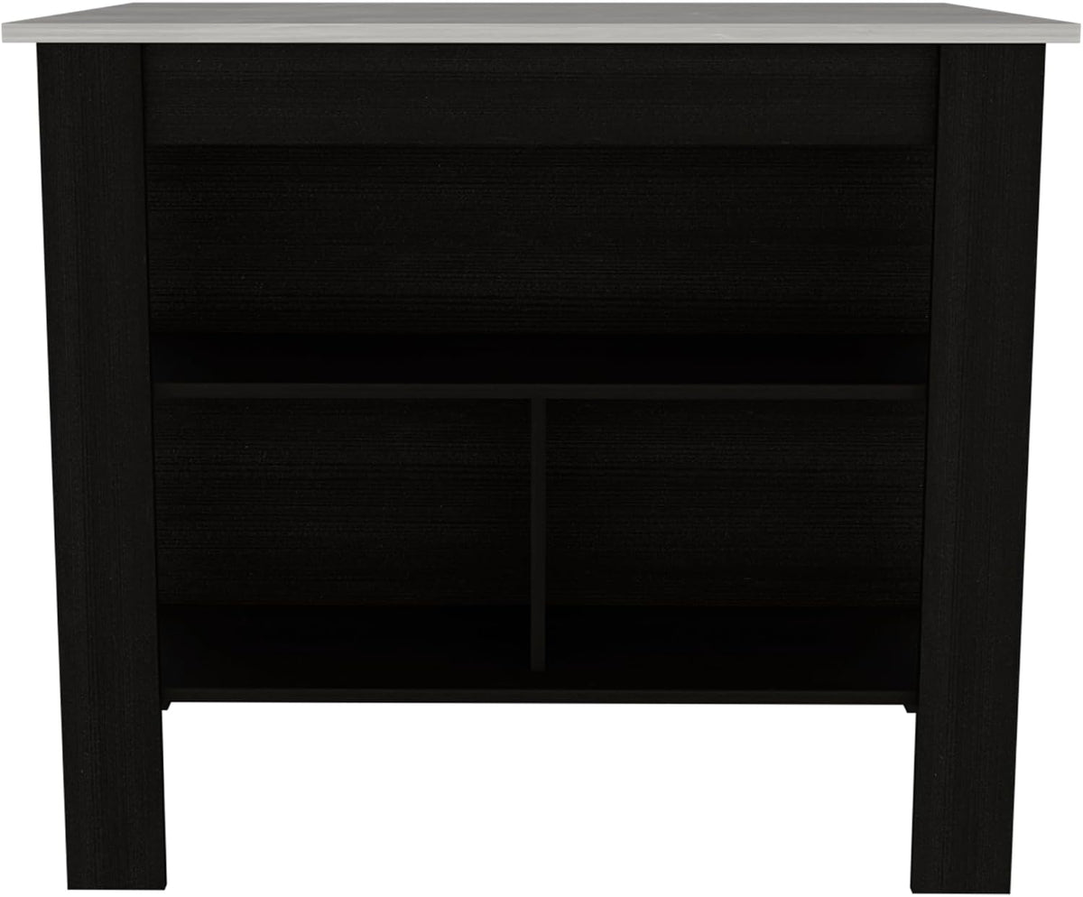 Kitchen Island with Four Legs and Three Shelves - Black/Ibiza Marble | Three shelves and four legs provide functional storage and support