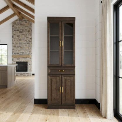 Furnifact Brown Glass Door Pantry Cabinet, Durable Construction, Anti-Tip, Secure Storage, Sleek Design, Kitchen Organization, Spacious, Easy Access