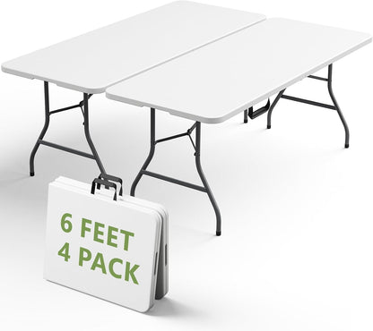 6FT Folding Table 4 Pack,Heavy Duty Plastic Foldable Tables with Carry Handles,Fold-in-Half Portable Utility Tables with Steel Legs for Party,Wedding,Banquet, Camping,Picnic,Event,Indoor Outdoor,White