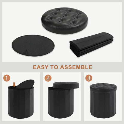 CAROLMADE Round Storage Ottoman, PU Leather Folding Footrest Stool with Thicker Foam Padded Seat, Versatile Vanity Stool for Living Room, Bedroom or Dorm, Black
