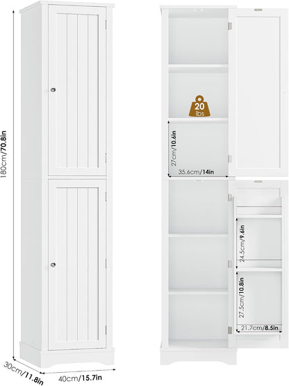 HIFIT 2 Set 71" Tall Narrow Storage Cabinet with 2 Reversible Doors, Small Kitchen Pantry Cabinet with Adjustable Shelves & Spice Rack, Slim Storage Cabinets for Bathroom, Living Room, Entryway, White