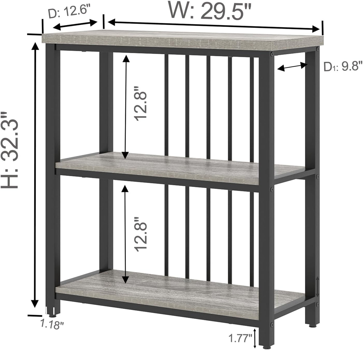 FOLUBAN 3 Tier Bookshelf, Short Bookcase for Small Space, Modern Wooden and Metal Book Shelf for Living Room Bedroom Office (Light Grey Oak)