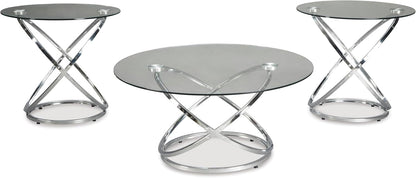 GTU Furniture Contemporary Glass Round 3-Piece Coffee Table Set, Cocktail Table with 2 Matching End Tables, Chrome Finish Finish for Living Room