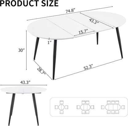 Extendable Round Dining Table for 4 6, Solid Wood for Dining Room Kitchen Office, 43"- 74" Modern Oval Kitchen Table, Removable Leaves Space Saving Expandable Dinner Table White