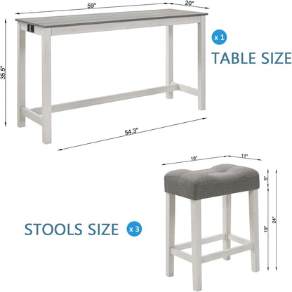 LKTART Bar Table and Chairs Set, 4 Piece Counter Height Bar Table Set with Power Outlet and 3 Upholstered Stools, Industrial Breakfast Table for Living Room, White & Grey