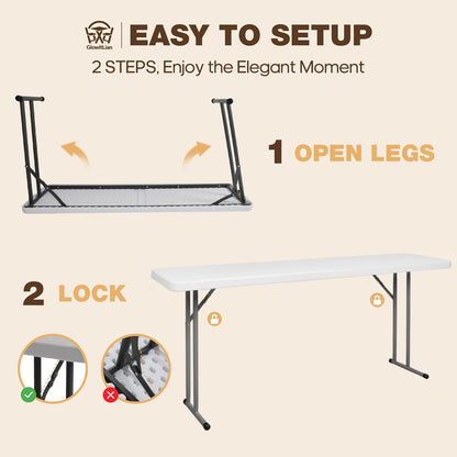 Folding Table 5FT, Heavy Duty Foldable Table for Indoor Outdoor Use, HDPE Rectangle Narrow Folding Table for Seminar, Home Office, Buffet, Camping, Party, White