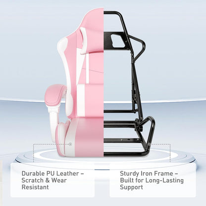 MoNiBloom Gaming Chair, Footrest & Lumbar Support, Height Adjust, Pink | Headrest & Lumbar Support, Ergonomic Computer chair, for Girl women Adult Teen Office or Gaming,Swivel game chair
