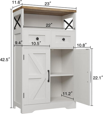 Farmhouse Storage Cabinet with Drawers, Small Kitchen Pantry Cabinet, White | Accent Coffee Bar Cabinet Cupboard, 2 Drawers, 2 Barn Doors & Adjustable Shelves, for Kitchen/Entryway/Living Room/Bathroom