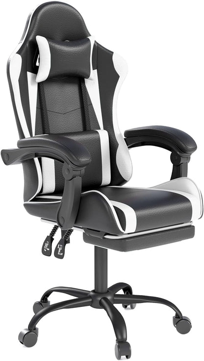 OS MOTOR Gaming Chair with Headrest and Lumbar Support, White | Ergonomic High Back Office Chair, Racing Style Executive Computer Desk Chair, Leather Adjustable Swivel Task Chair, Home