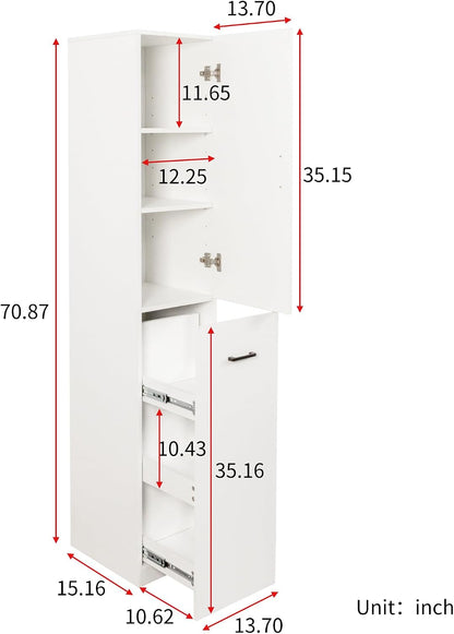 71" Spice Cabinet Pantry Cabinet for Kitchen, Tall Slim Storage Cart with Door & 3-Tier Shelf, Narrow Side of Fridge Next to Fridge Storage, Freestanding Narrow Pantry Cabinet for Small Spacem, White