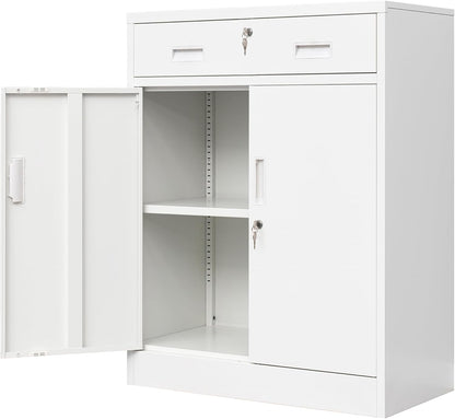 Wanfu Metal Storage Cabinet, Locking Cabinet with 1 Drawer and Adjustable Shelf, 36" H x 28" W x 16" D Steel Storage Cabinet for Office, Garage, Home-White